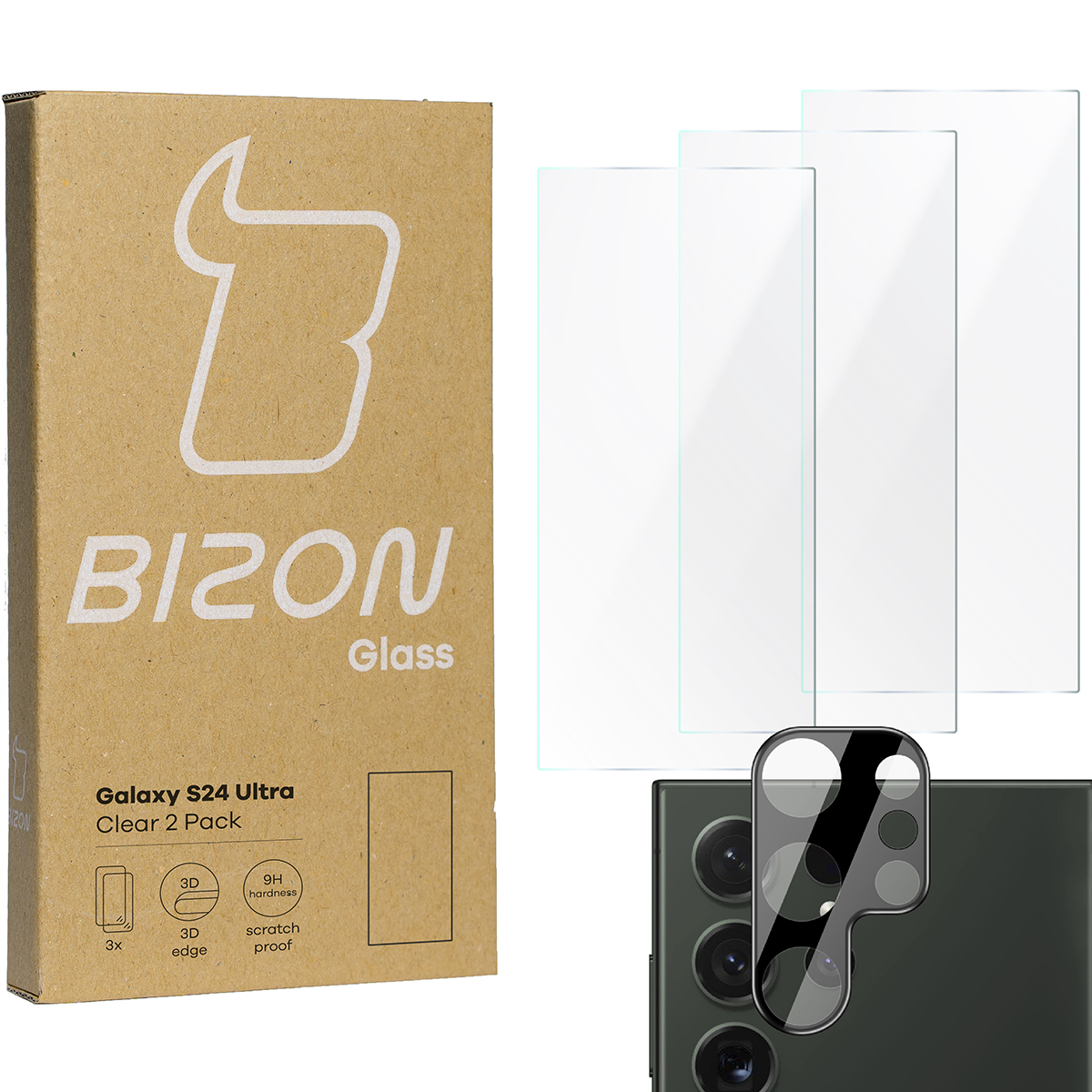 Szkło hartowane Bizon Glass Clear - 3 szt. + obiektyw, Galaxy S24 Ultra